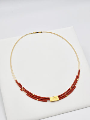 Red Coral Multi-Strand Necklace with Gold Accents