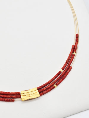 Red Coral Multi-Strand Necklace with Gold Accents