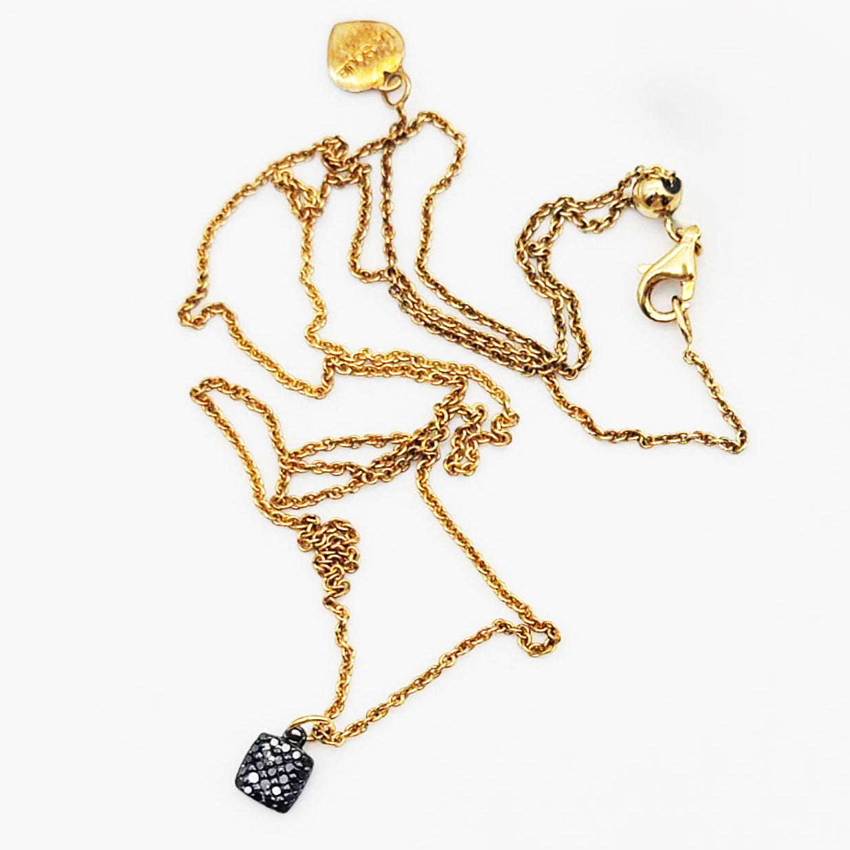 18" SS Y/G Plate Black Diamond Square Necklace