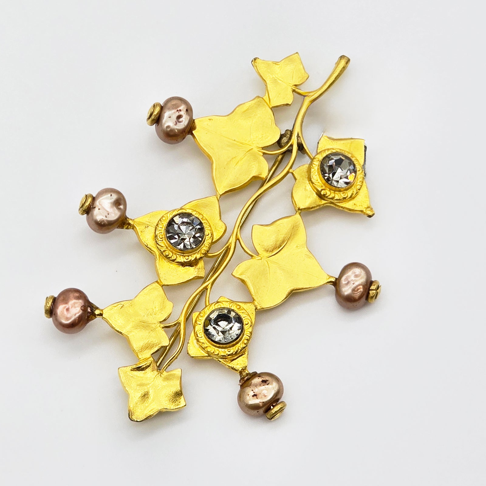 Y/G Vermeil Leaves with Brown Pearls and 3 Round CZs Pin