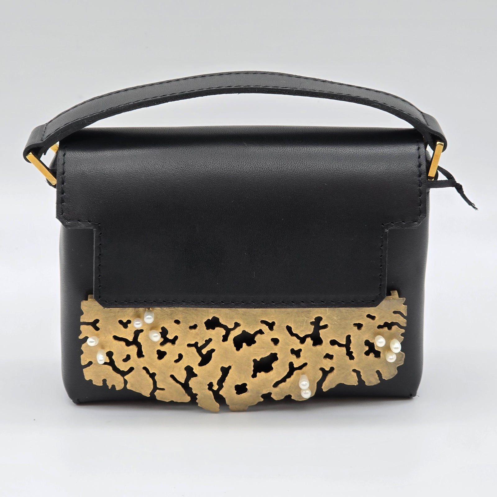 Italian Small Black Vegan Leather 22K Plated Brass with Pearls Clutch Bag
