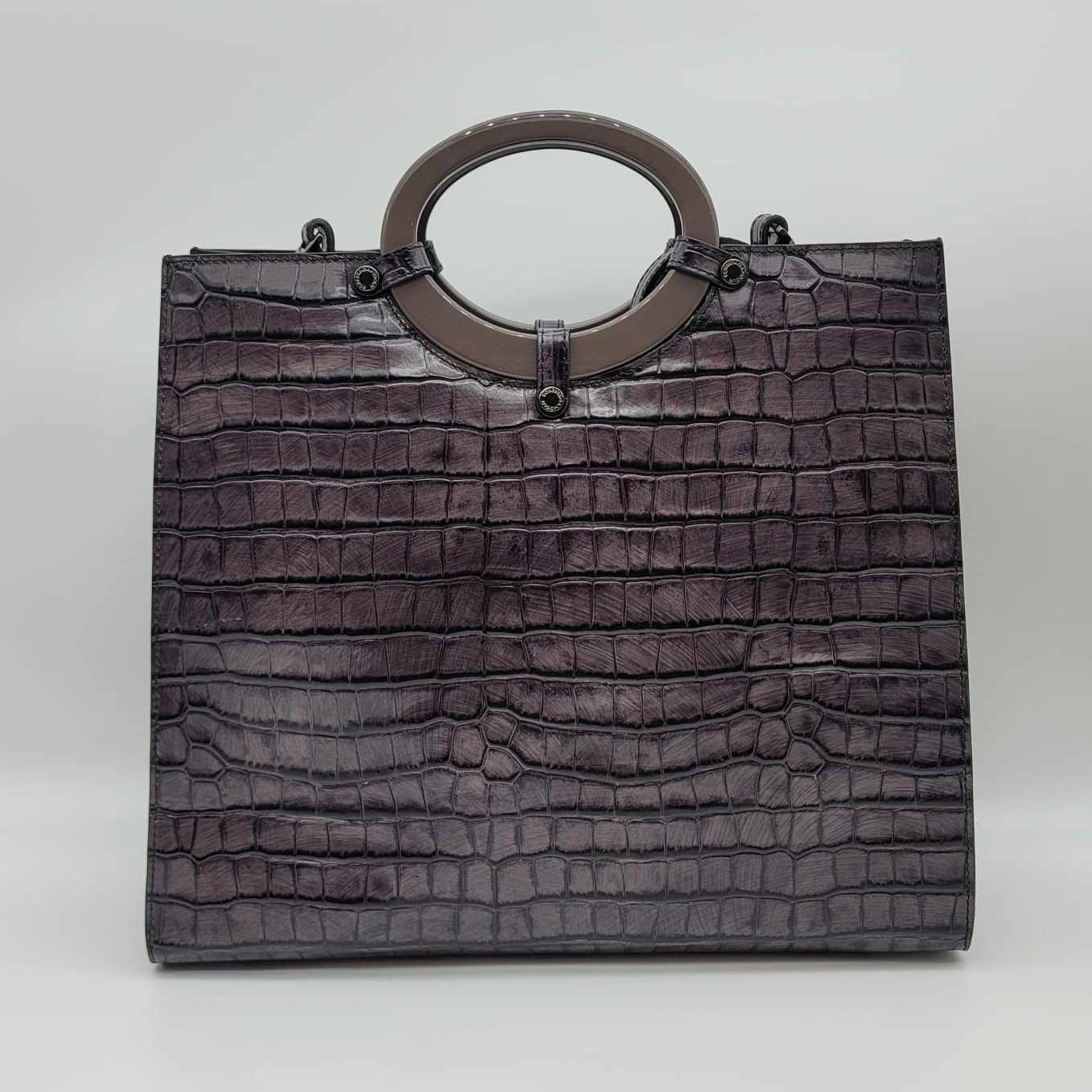 Italian Eggplant Crocodile Print Calf Leather Handbag