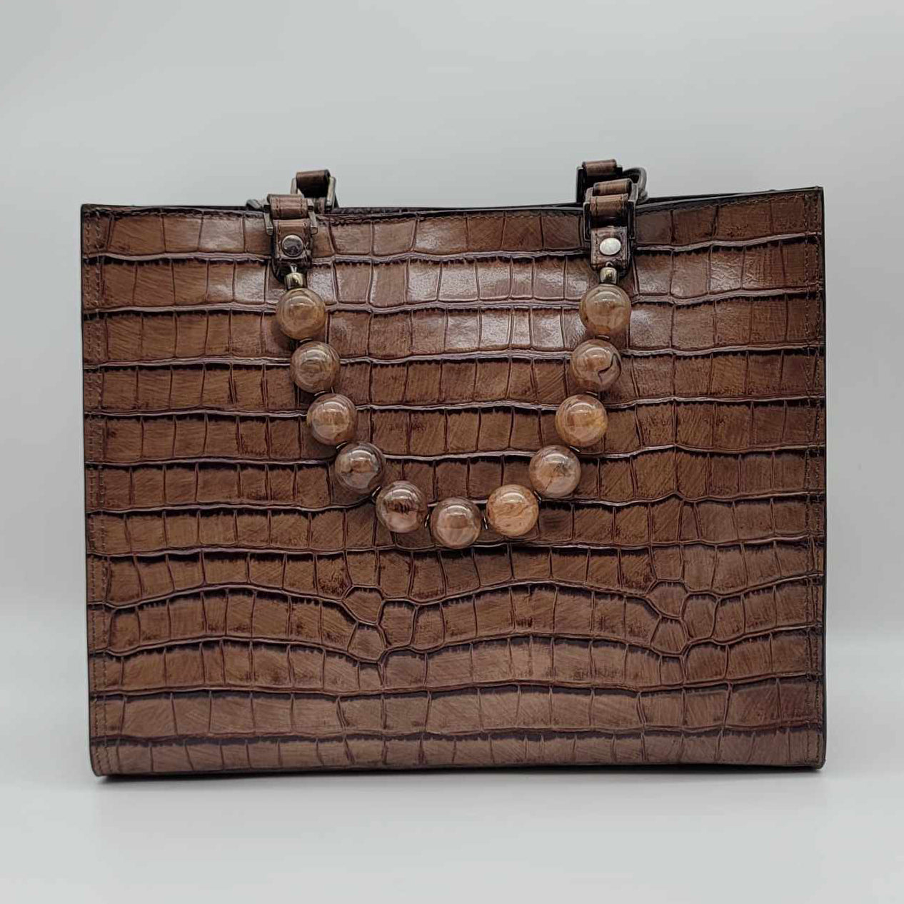 Taupe Crocodile Print Calf Leather Jewel Handle Bag