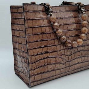 Taupe Crocodile Print Calf Leather Jewel Handle Bag
