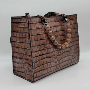 Taupe Crocodile Print Calf Leather Jewel Handle Bag
