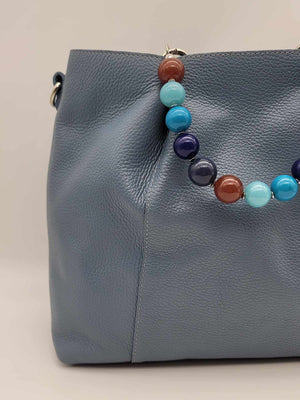 Italian Blue Calf Leather Multi Jewel Handle Handbag