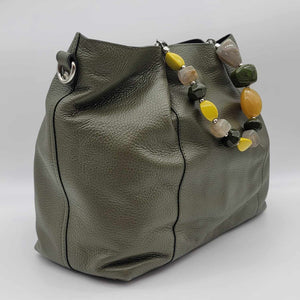 Italian Olive Calf Leather Multi Stone Handle Handbag