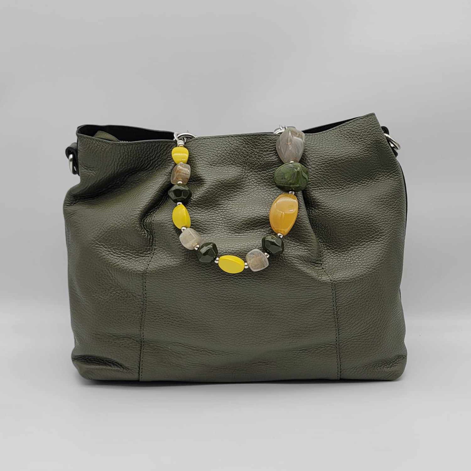 Italian Olive Calf Leather Multi Stone Handle Handbag