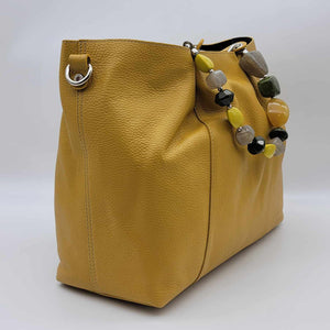 Italian Yellow Calf Leather Multi Stone Handle Handbag