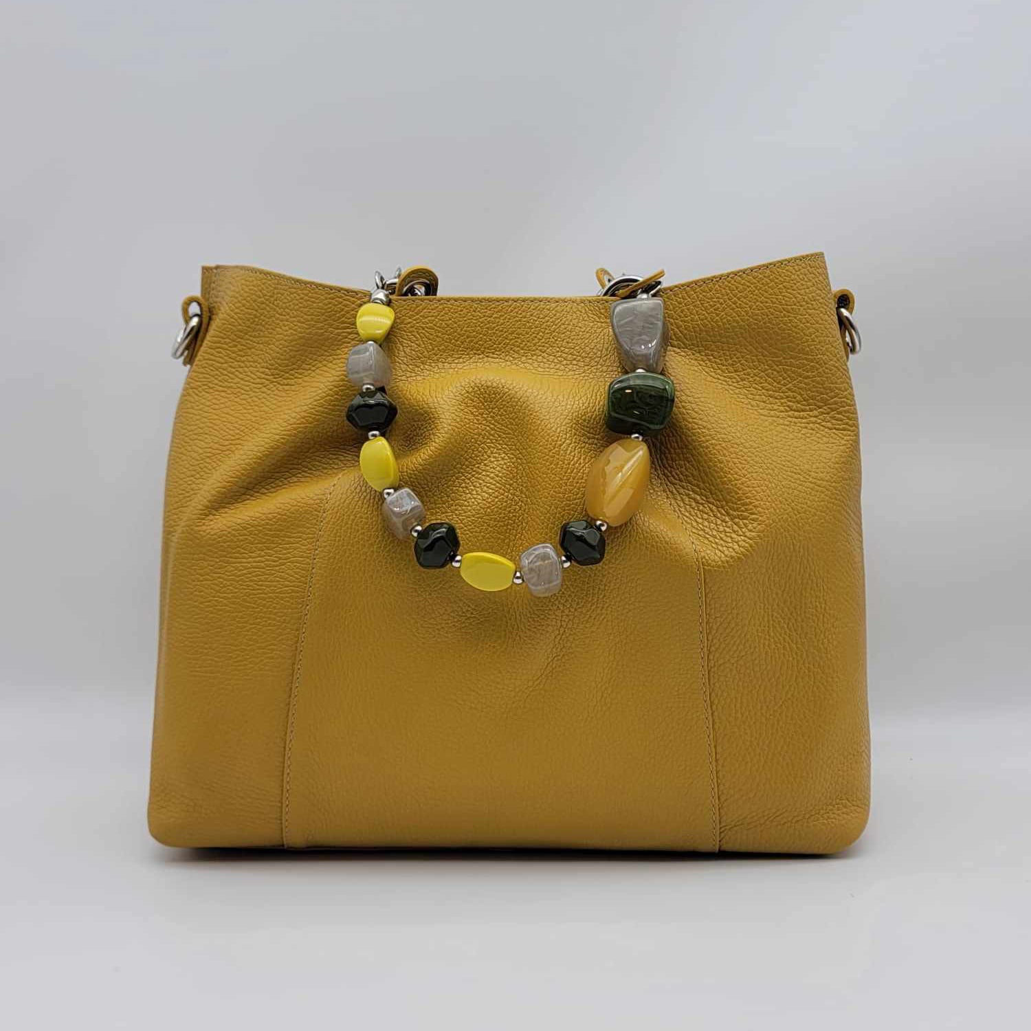 Italian Yellow Calf Leather Multi Stone Handle Handbag