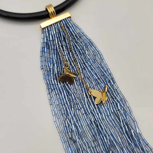 Italian Black Resin Collar Gold Butterfly / Blue Beads Necklace