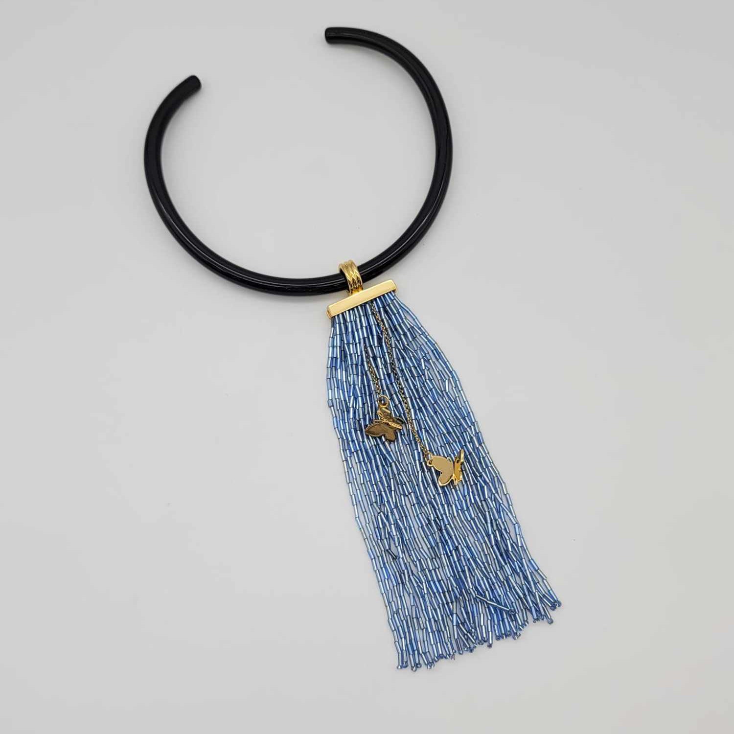 Italian Black Resin Collar Gold Butterfly / Blue Beads Necklace