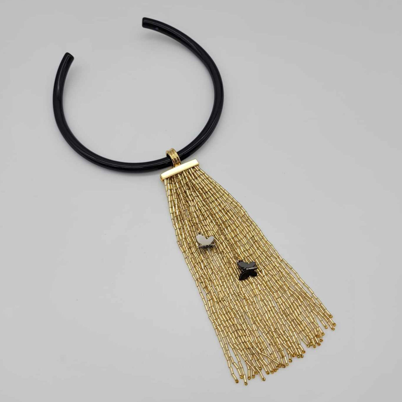 Italian Black Resin Collar Gold Butterfly / Gold Beads Necklace