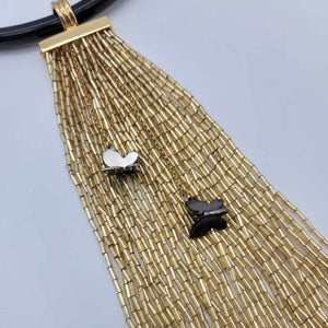 Italian Black Resin Collar Gold Butterfly / Gold Beads Necklace