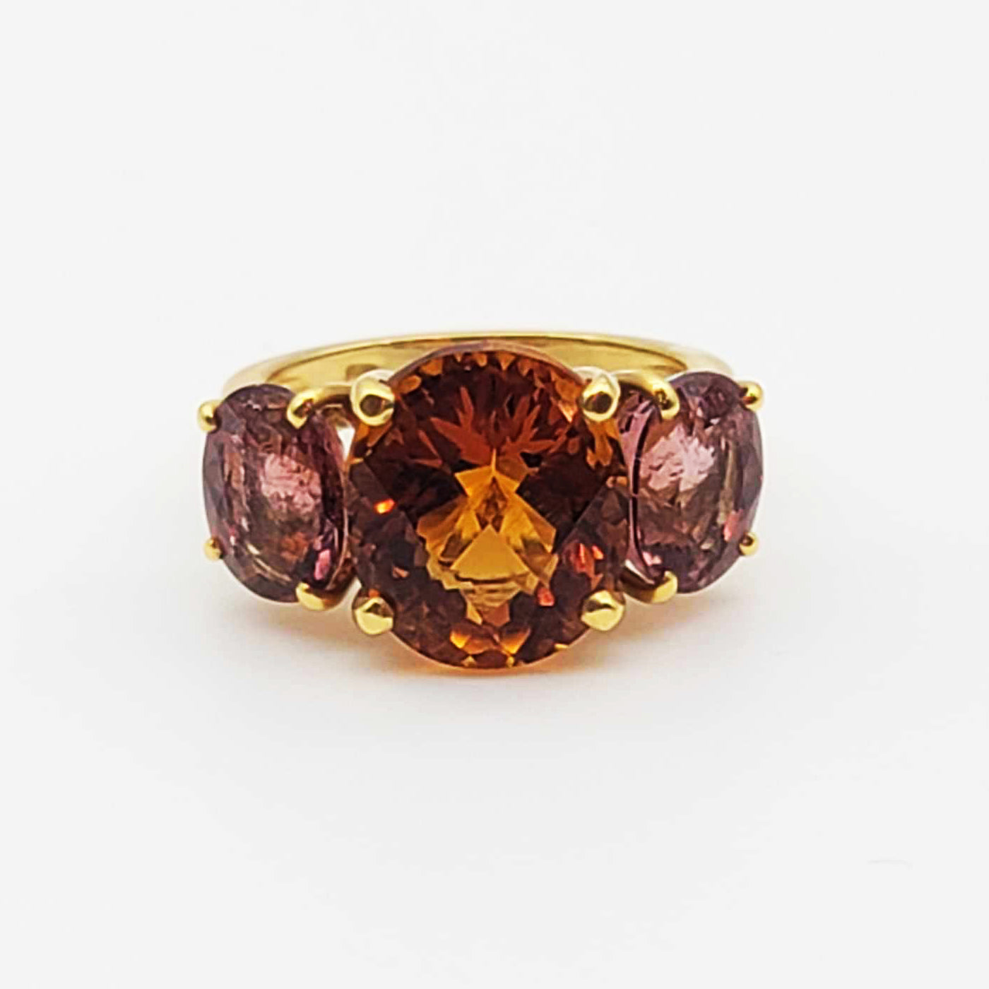 18K Y/G Oval Cognac Citrine Center 7.3ct Pink Tourmaline  4.73 Diamond .14ct Ring