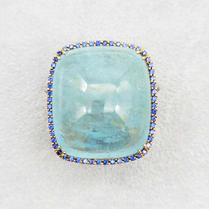 18K R/G Square Cabochon Aquamarine 53ct Ring, Blue Sapphire Border