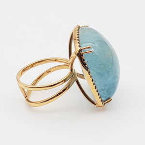 18K R/G Square Cabochon Aquamarine 53ct Ring, Blue Sapphire Border