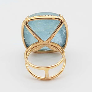 18K R/G Square Cabochon Aquamarine 53ct Ring, Blue Sapphire Border