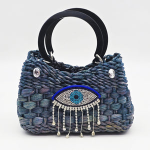 Mini Blue Rectangular Straw Bag with Rhinestone & Evil Eye