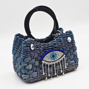 Mini Blue Rectangular Straw Bag with Rhinestone & Evil Eye