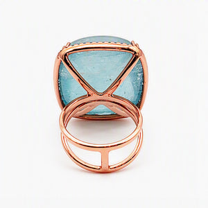 18KT Rose Gold Square Cabochon Aquamarine & Blue Sapphire Ring