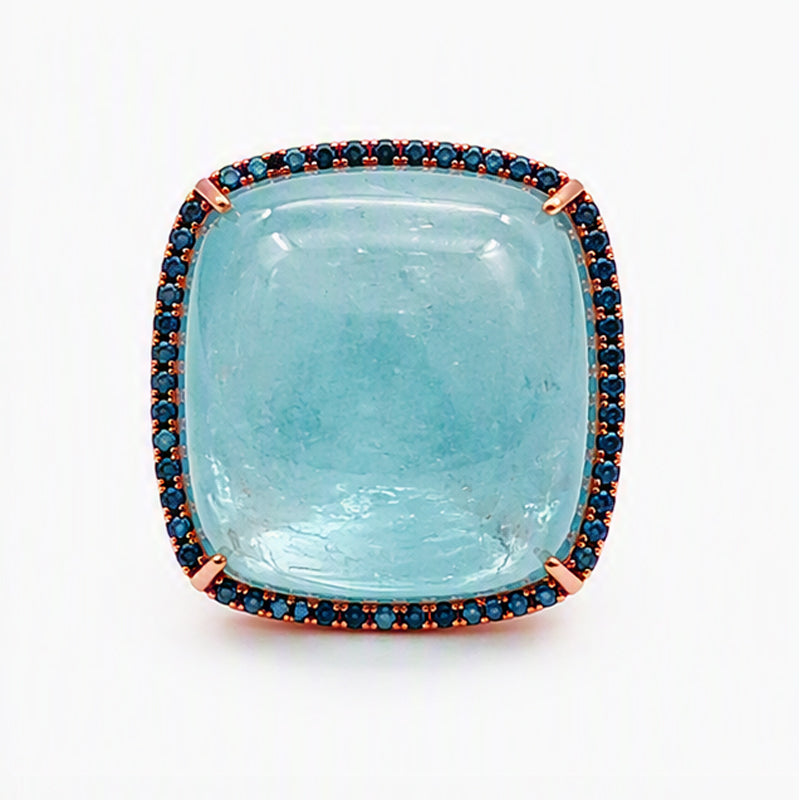 18KT Rose Gold Square Cabochon Aquamarine & Blue Sapphire Ring