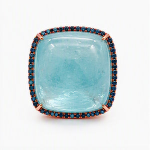 18KT Rose Gold Square Cabochon Aquamarine & Blue Sapphire Ring