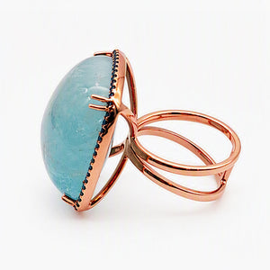 18KT Rose Gold Square Cabochon Aquamarine & Blue Sapphire Ring
