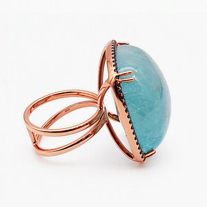 18KT Rose Gold Square Cabochon Aquamarine & Blue Sapphire Ring