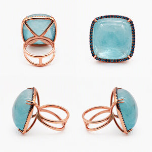 18KT Rose Gold Square Cabochon Aquamarine & Blue Sapphire Ring