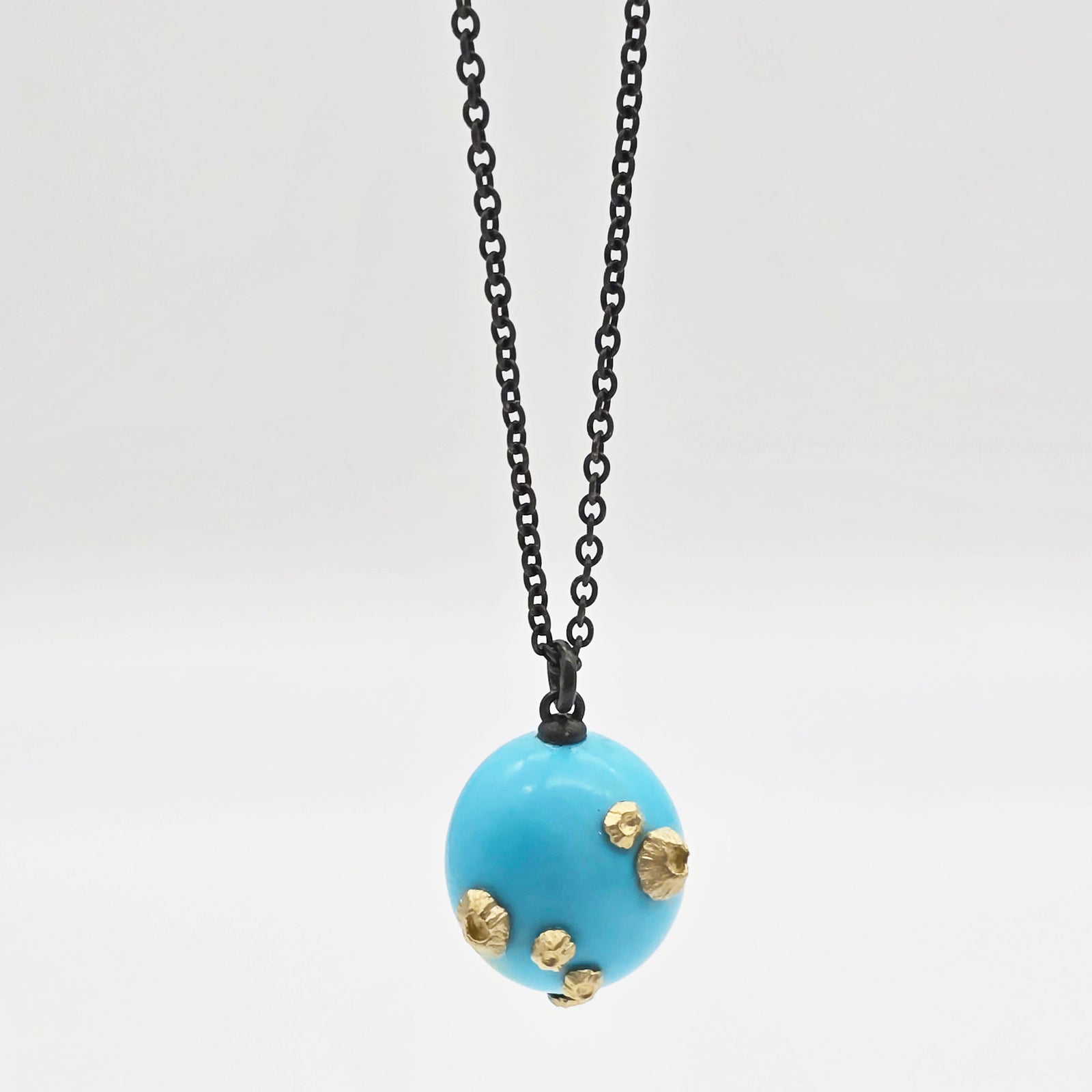 28" Oxidized SS Necklace with Turquoise & 14K Yellow Gold Barnacles