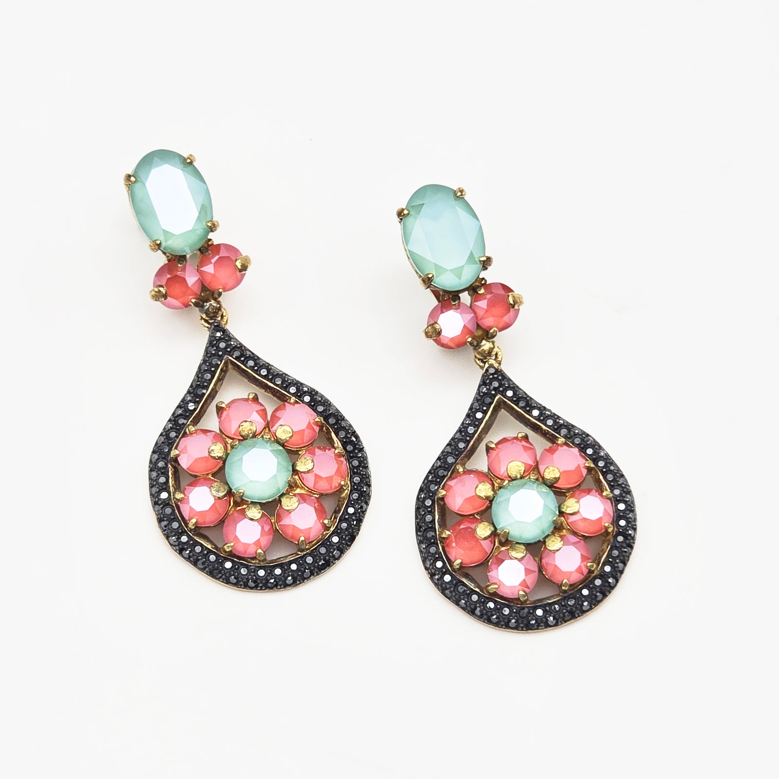 VYG Light Garnet Coral Flower with Black Pave Swarovski Crystal Drop Earrings