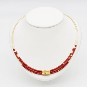 Red Coral Multi-Strand Necklace with Gold Accents