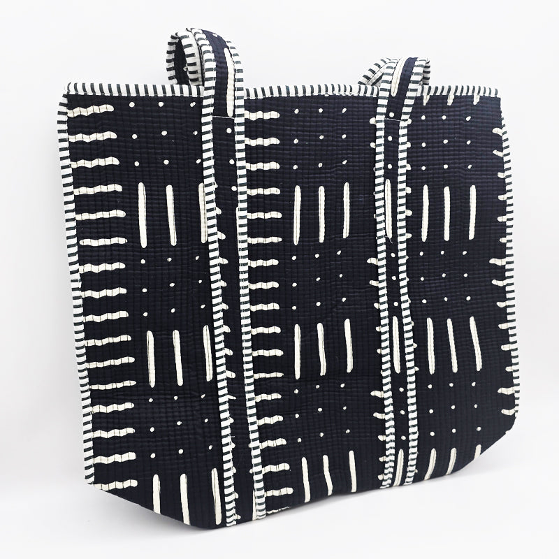 Quilted Cotton Tote Bag with Modern Black & White Print